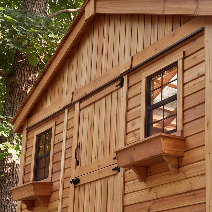 Close-up detail of the cedar Sunshed Garden Shed 12x16, showing wood grain, joinery, and window trim craftsmanship.
