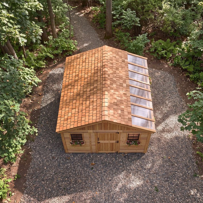 Close-up detail of the cedar Sunshed 12x16 garden shed, showing natural wood grain and sturdy panel construction.