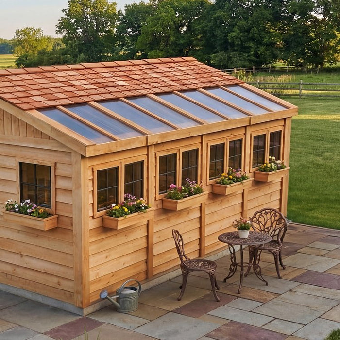Close-up detail of the cedar Sunshed Garden Shed 12x16, showcasing its natural wood grain and sturdy construction.