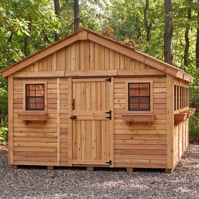 Detail view of the cedar Sunshed garden shed 12x16, highlighting its wood grain and door hardware.