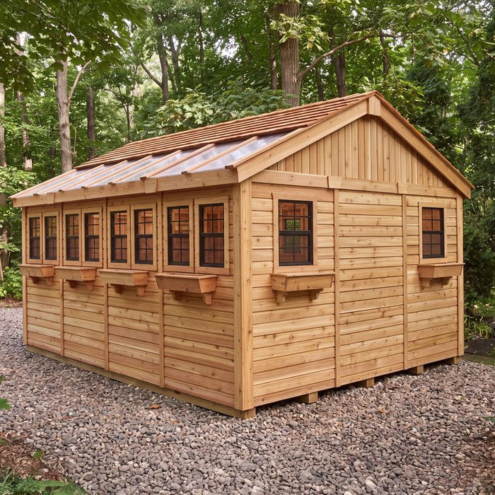 Detail view of the cedar Sunshed 12x16 garden shed, highlighting its wood siding and window trim craftsmanship.