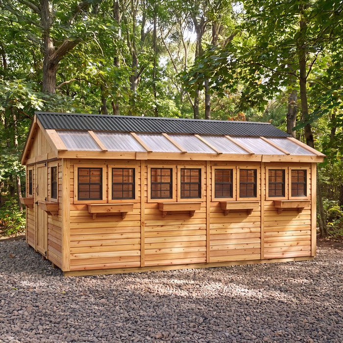 Detail view of the cedar Sunshed Garden Shed 12x16, showcasing its wood grain and sturdy panel construction.