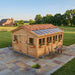 Detail view of the cedar Sunshed 12x16 garden shed, showcasing its wood paneling and door hardware.