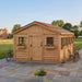 Detail view of the cedar Sunshed garden shed 12x16, highlighting its wood grain and sturdy panel construction.