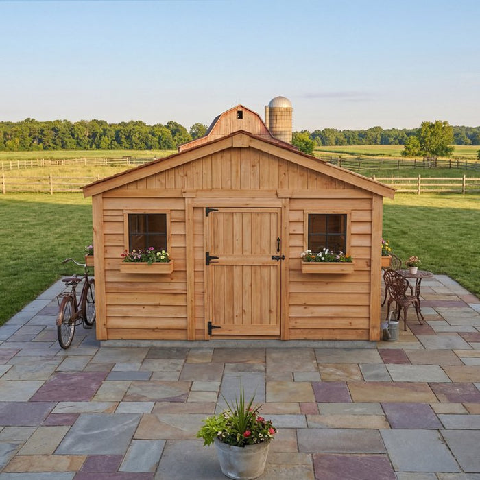 Detail view of the cedar Sunshed Garden Shed 12x16, showcasing its wood paneling and sturdy roof construction.