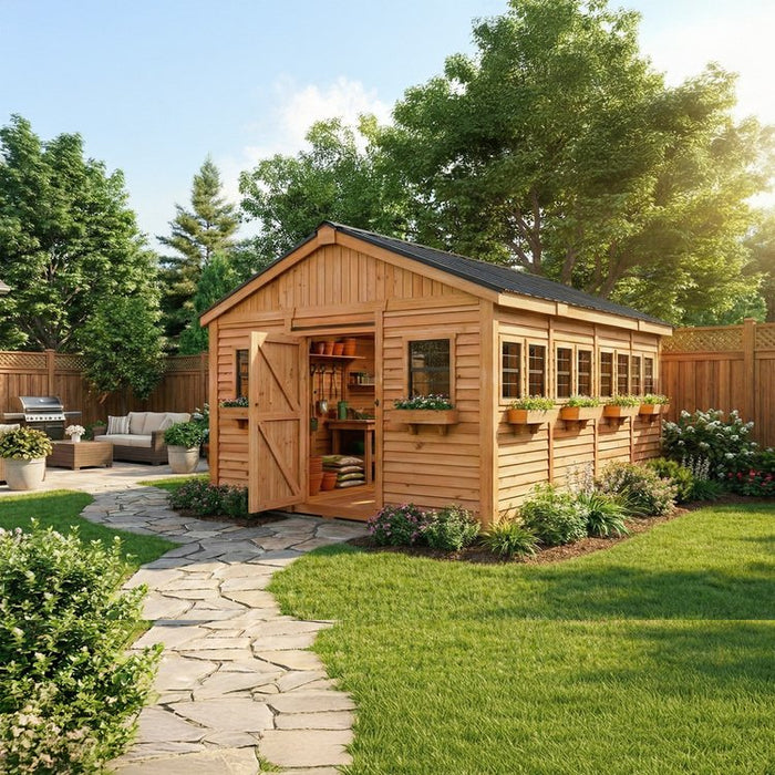 Detail view of the cedar Sunshed Garden Shed 12x16, highlighting its wood paneling and sturdy construction.