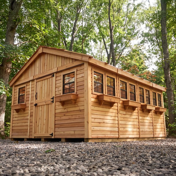 Detail view of the cedar Sunshed Garden Shed 12x16, showing wood paneling, window trim, and door construction.