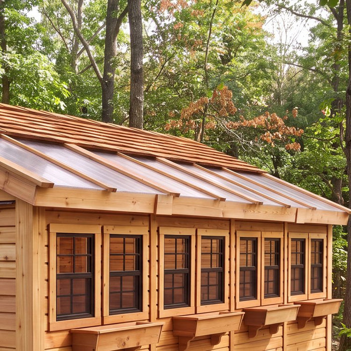 Detail view of the cedar Sunshed Garden Shed 12x16, showcasing its wood grain texture and sturdy panel construction.
