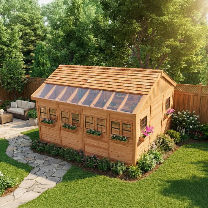 Cedar Sunshed garden shed 12x16 shown from a side angle, highlighting its wooden panels and peaked roof design.