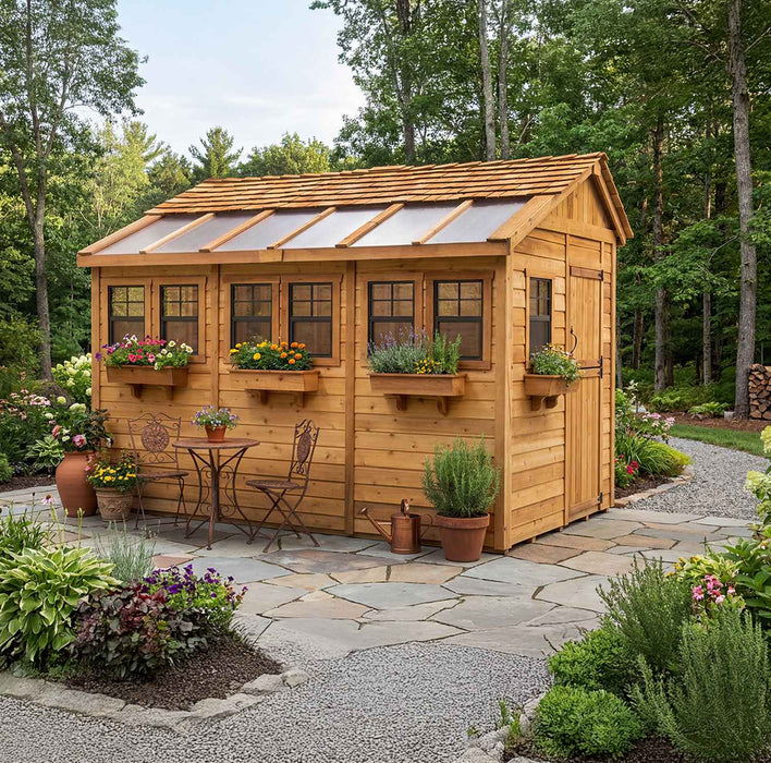 Cedar Sunshed garden shed, 8x12 size, shown from a side angle highlighting its wood construction and window.