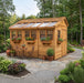 Cedar Sunshed garden shed, 8x12 size, shown from a side angle highlighting its wood construction and window.