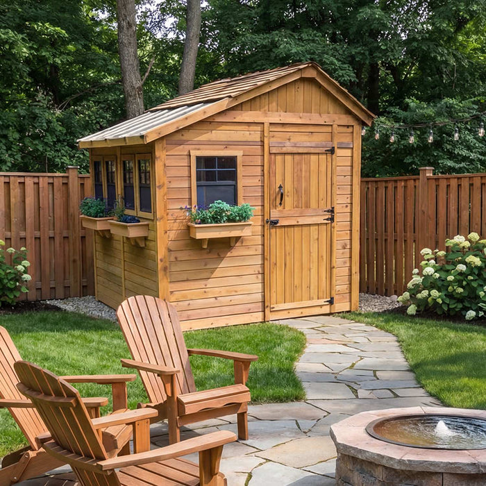 Close-up detail of the cedar wood paneling and craftsmanship on the Outdoor Living Today 8x8 Sunshed garden shed.