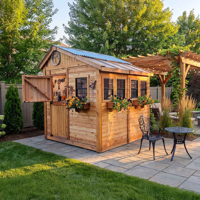 Close-up detail of the cedar Sunshed Garden Shed 8x8's wood grain and construction, showcasing quality craftsmanship.