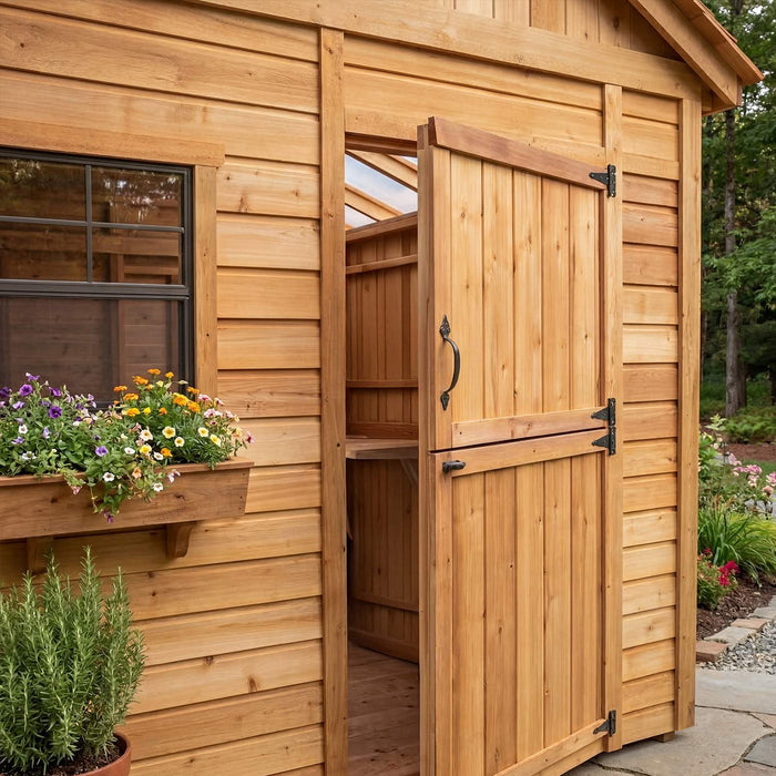 Close-up detail of the cedar Sunshed 8x8 garden shed, showcasing its natural wood grain and sturdy construction.