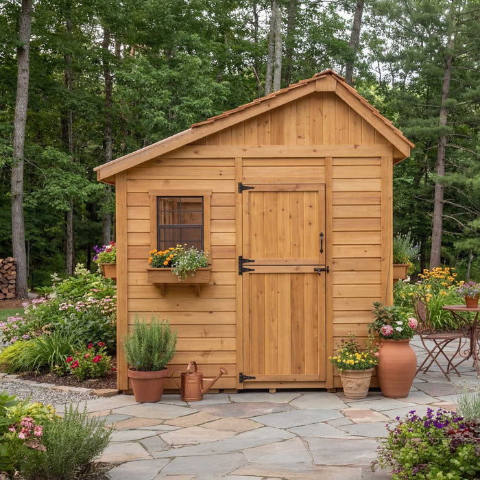Close-up detail of the 8x8 cedar Sunshed garden shed, showcasing its natural wood grain and sturdy construction.
