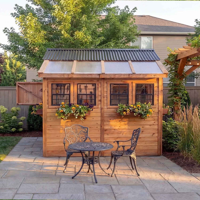Close-up detail of the cedar Sunshed 8x8 garden shed, showing wood grain and craftsmanship of the paneling.