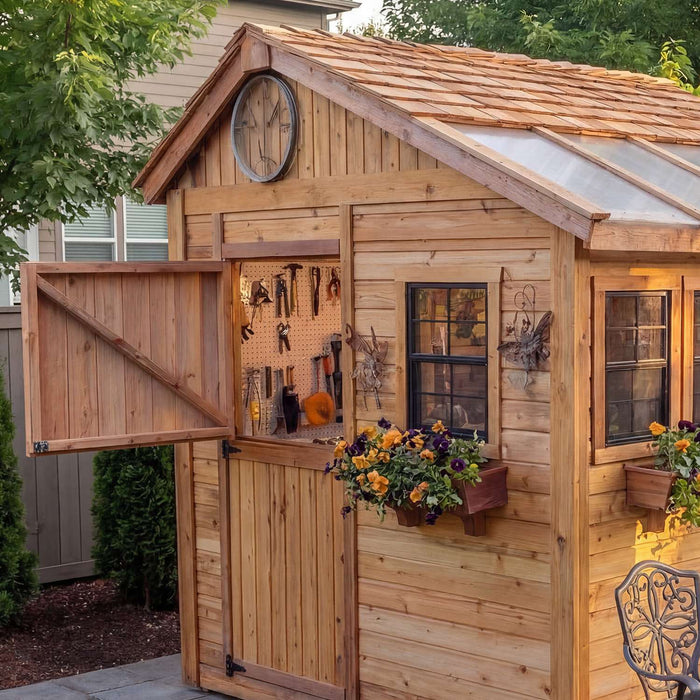 Detail view of the cedar Sunshed 8x8 garden shed, showcasing its wood grain, door hardware, and window trim.