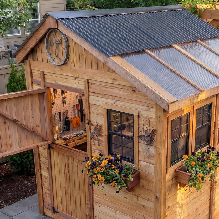 Detail view of the cedar Sunshed 8x8 garden shed, highlighting its wood construction and window design.