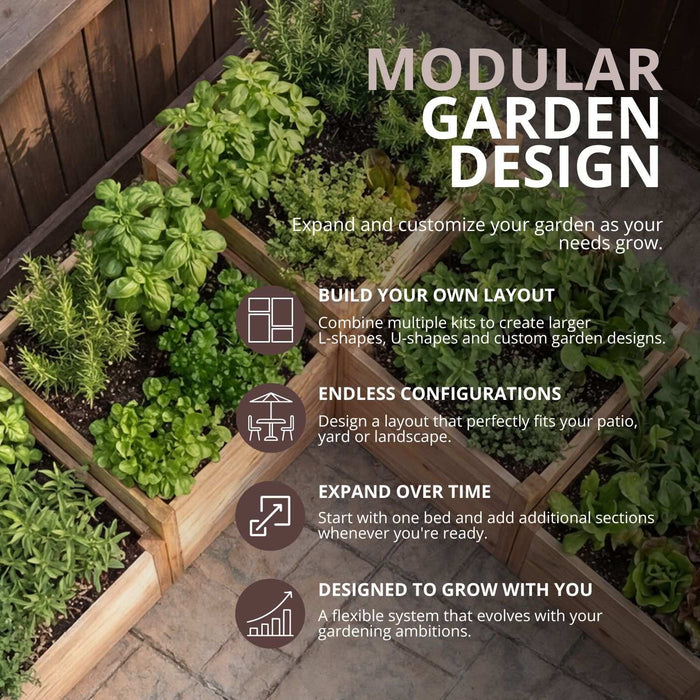 Cedar tiered raised garden bed in an L-shaped design, shown from a side angle to highlight its multi-level construction.