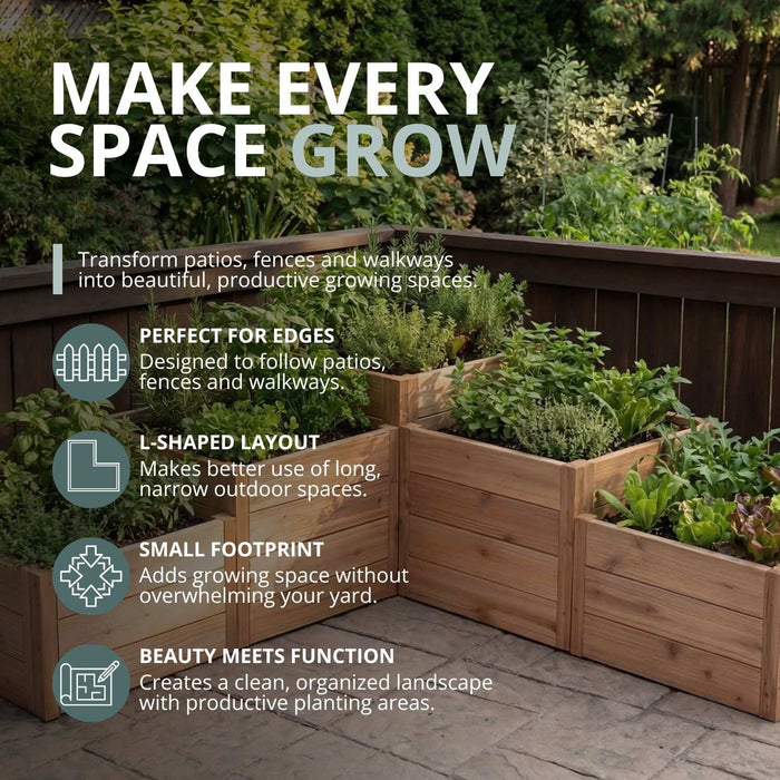 Cedar tiered raised garden bed in an L-shaped design, shown from a side angle to highlight its stepped planting levels.