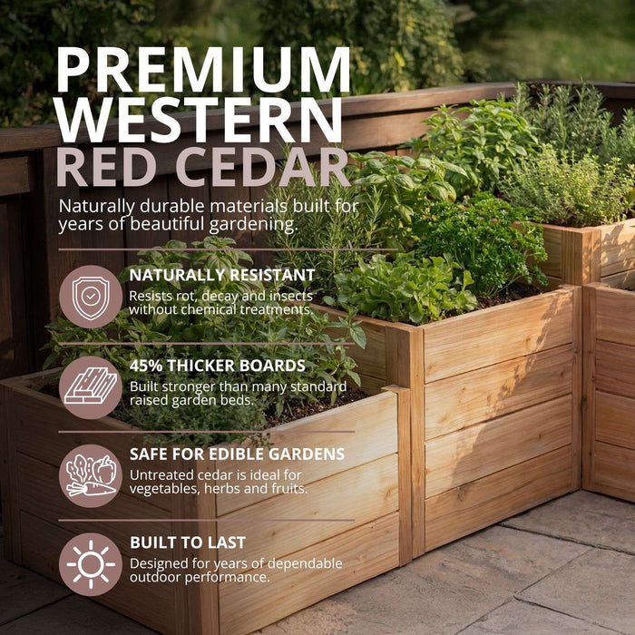 Side angle view of the cedar tiered raised garden bed in an L-shaped design, showing its stepped wooden levels.