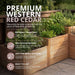 Side angle view of the cedar tiered raised garden bed in an L-shaped design, showing its stepped wooden levels.