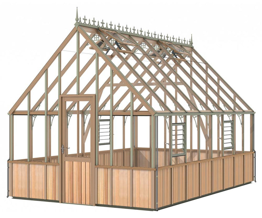 Cedar Westminster greenhouse measuring 10x16 feet, featuring a classic Victorian-style frame with glass windows and roof panels.