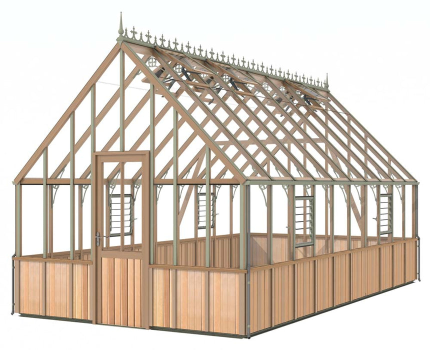 Rendered view of a 10x20-foot cedar Westminster greenhouse, highlighting its spacious design with elegant wood and glass construction.