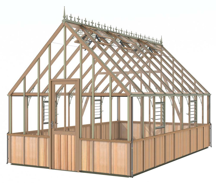 Image of a cedar Westminster structure, 10x18 feet, showcasing its durable wooden frame, large windows, and decorative features.