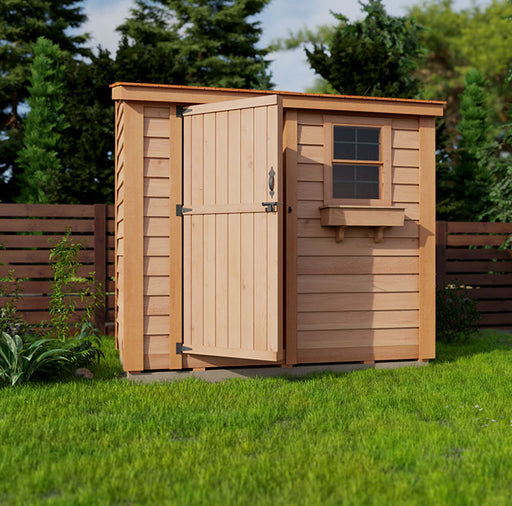 Durable cedar wood SpaceSaver 8x4 storage shed with single door and side window, blending with residential outdoor fencing