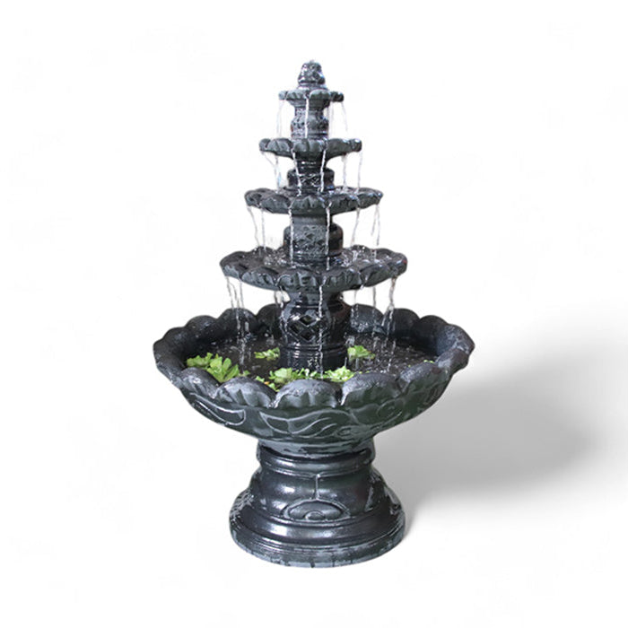 Elegant charcoal colored Monaco tiered fountain by Exaco, flowing water feature ideal for outdoor garden décor