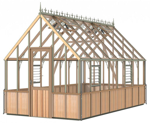 Rendered image of the Alton Cedar Structure Cheltenham Victorian Greenhouse in 8x16 frame design.