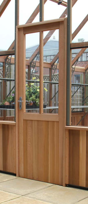 Close-up view of the door of the Alton Cedar Structure Cheltenham Victorian Greenhouse.