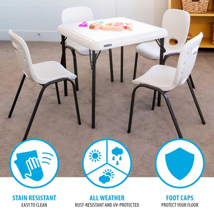 Lifetime Children's Stack Chair 13 Pack around activity table showing stain resistant surface, all-weather frame, and floor-protecting foot caps
