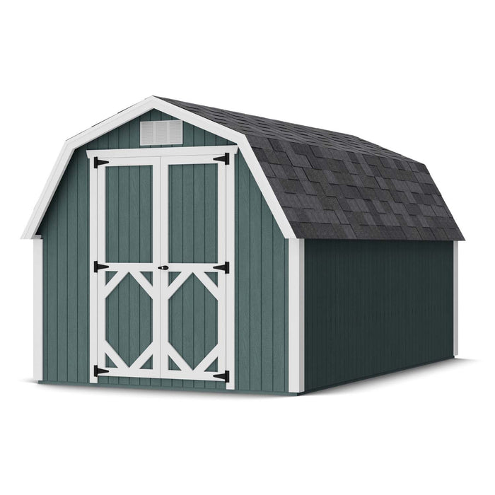 Spacious 8x14 Classic Gambrel Barn Shed Kit from Little Cottage Co., designed with a tall barn roof, durable wood panels, and double entry doors.