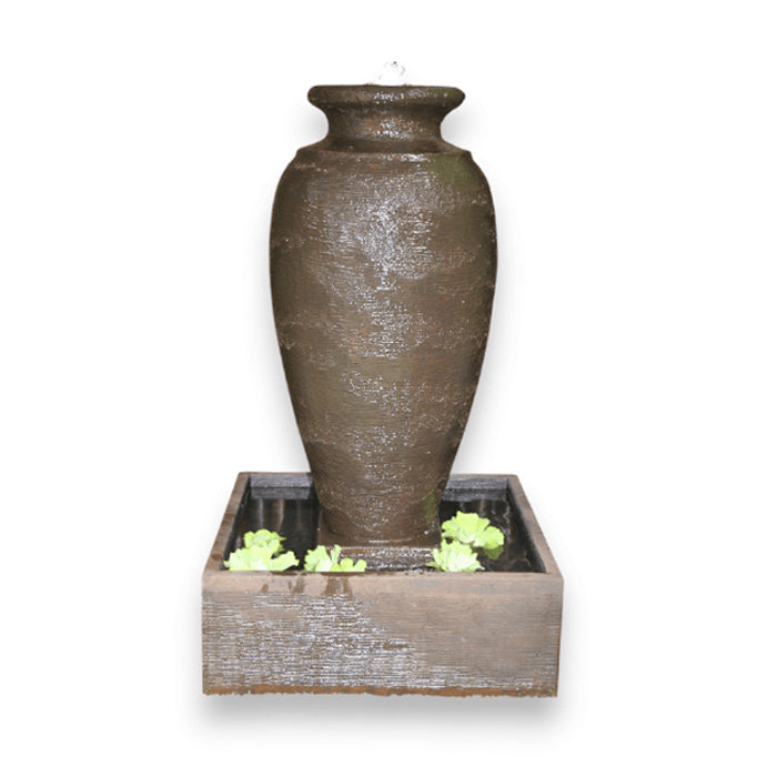 Classic amphora urn water fountain with square base and textured surface displayed in modern indoor decor space.