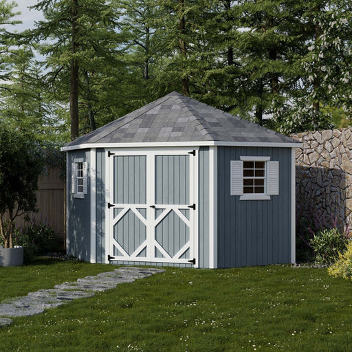 Blue Classic Five Corner Shed by Little Cottage Co. with white trim, barn-style double doors, shuttered windows, and gray shingle roof in garden setting