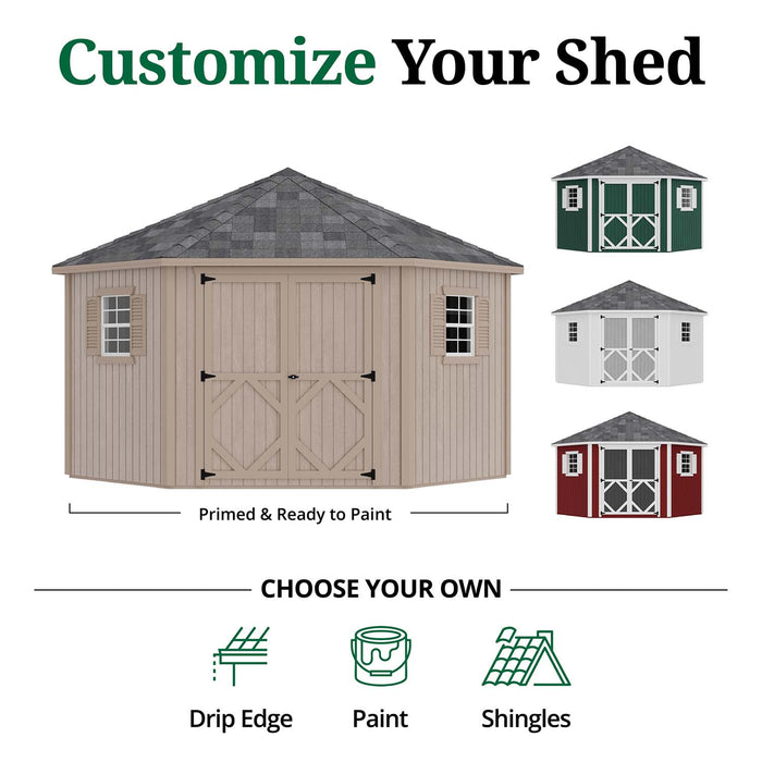 Little Cottage Co. Classic Five Corner Shed customization options with paint, shingles, and drip edge choices shown in multiple color variations