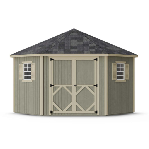 Front view of Classic Five Corner Shed by Little Cottage Co. featuring wide double doors, shuttered side windows, vertical siding, and gray shingle roof