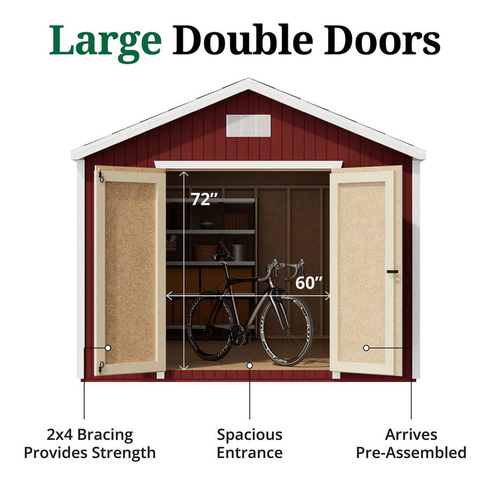 Classic Gable Shed 10x by Little Cottage Co. featuring 72-inch tall and 60-inch wide double doors, sturdy 2x4 bracing, and spacious pre-assembled entry