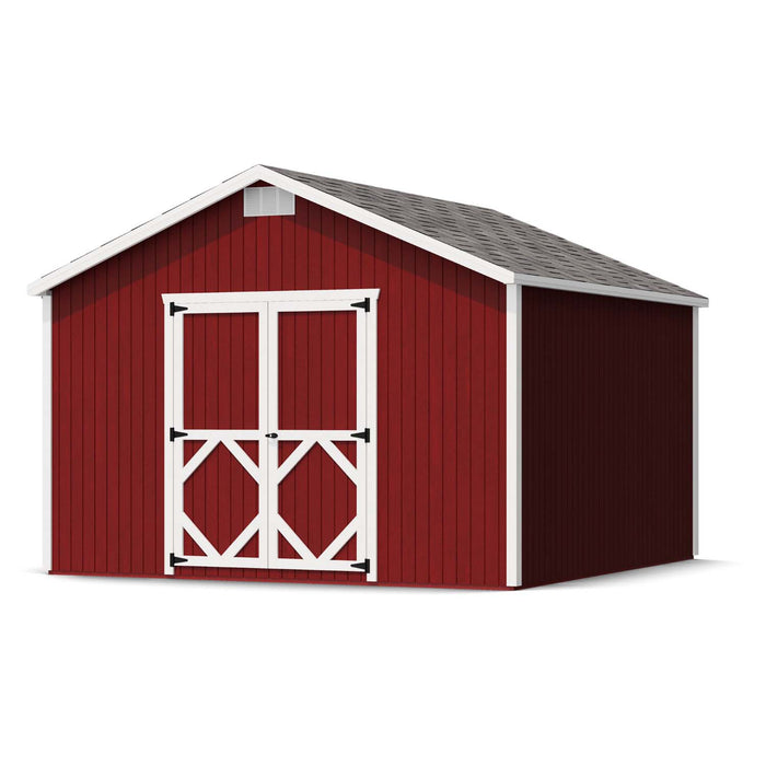 12x12 Classic Gable Shed by Little Cottage Co. featuring red wood siding, white doors, asphalt shingles, and vented gable roof for backyard use