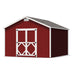 12x12 Classic Gable Shed by Little Cottage Co. featuring red wood siding, white doors, asphalt shingles, and vented gable roof for backyard use