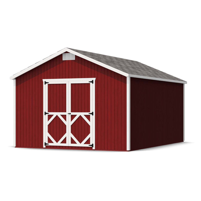 Classic 12x16 Gable Shed by Little Cottage Co. shown in red with white barn doors and vented roof, offering durable and spacious backyard storage