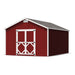 Classic 12x16 Gable Shed by Little Cottage Co. shown in red with white barn doors and vented roof, offering durable and spacious backyard storage