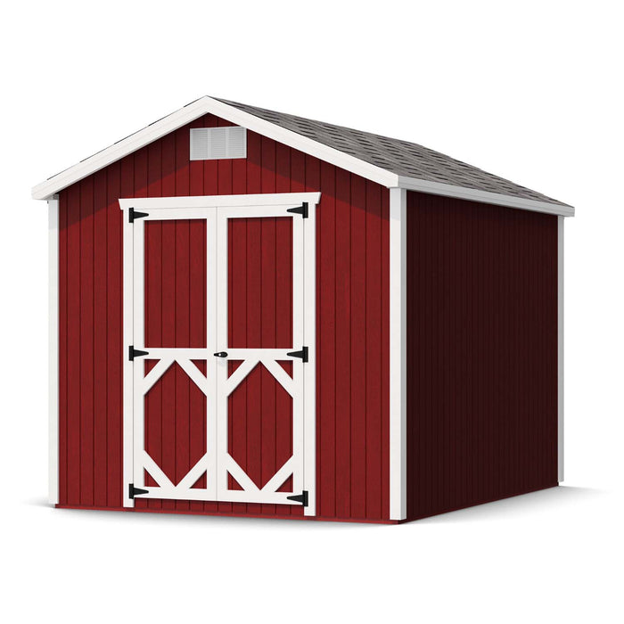 8x10 Classic Gable Shed by Little Cottage Co. featuring red siding, white trim, double doors, and gable roof with vented peak