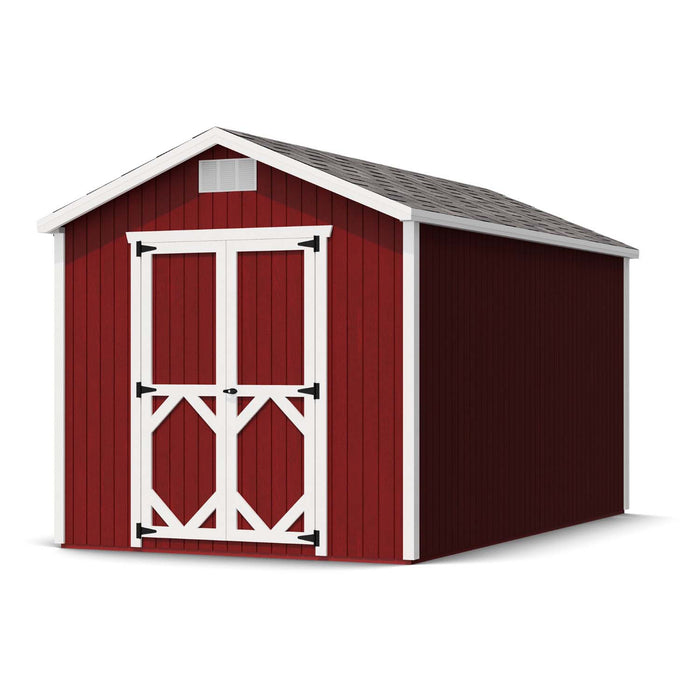 Classic 8x14 Gable Shed by Little Cottage Co. shown in red with white double doors, gable vent, and durable asphalt shingle roof