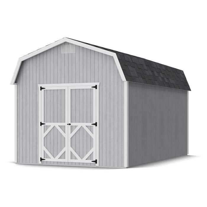 Spacious 10x16 Classic Gambrel barn shed in gray siding and white trim by Little Cottage Co., featuring a high roofline for enhanced headroom.