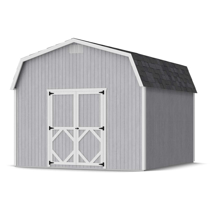 12x12 Little Cottage Co. Classic Gambrel barn shed in gray siding and white trim, featuring double doors and a high gambrel roof for added headroom.
