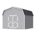12x12 Little Cottage Co. Classic Gambrel barn shed in gray siding and white trim, featuring double doors and a high gambrel roof for added headroom.