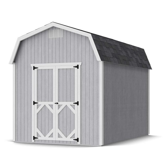 8x12 gray Classic Gambrel 6′ Sidewall barn shed by Little Cottage Co. featuring white double doors, black hinges, and shingled roof.